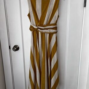 Mango Mustard and White Striped Sleeveless Midi Dress